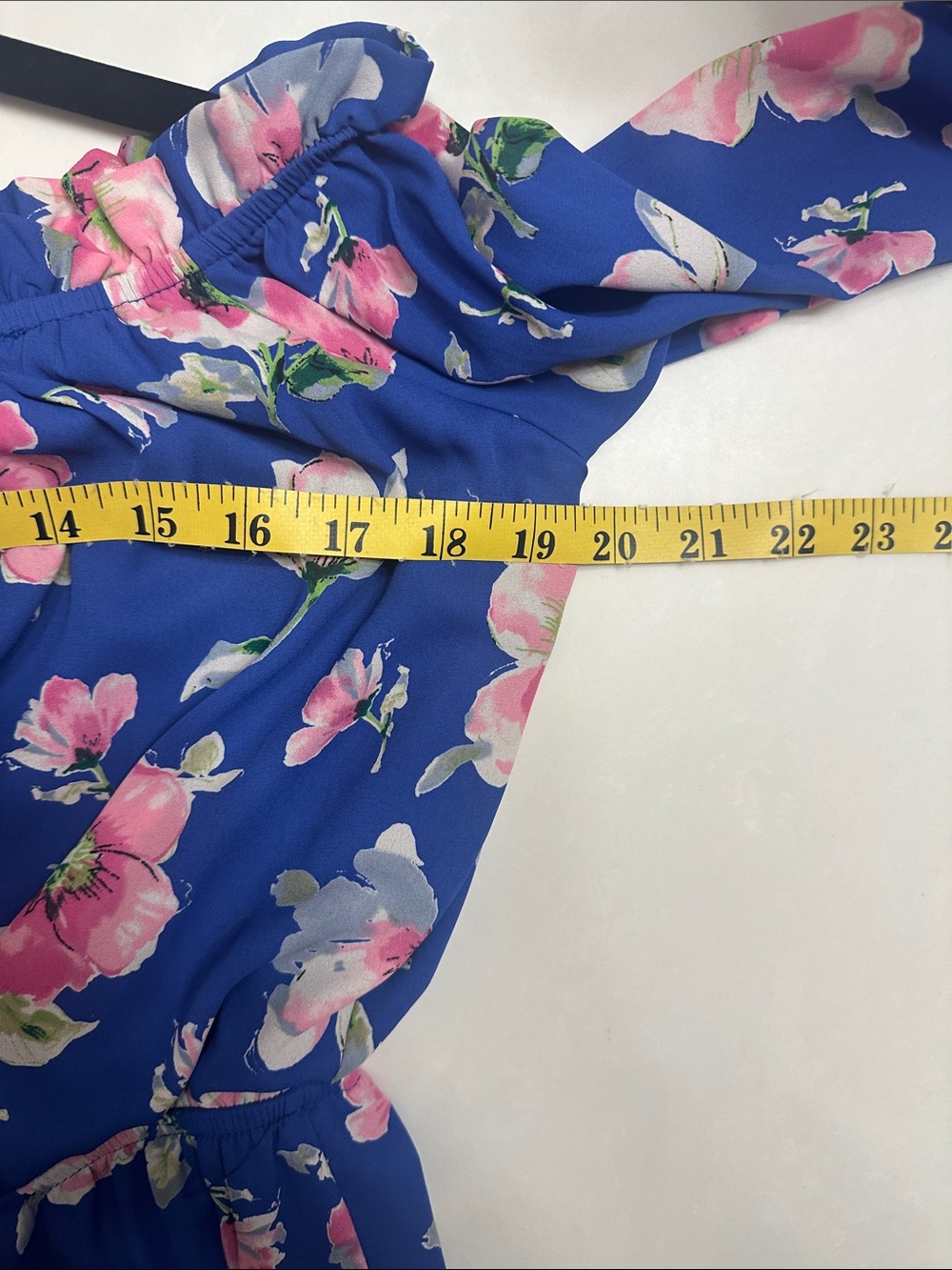 Peach Love California Blue Off-Shoulder Floral Romper with Pink Blooms - Picture 9 of 12